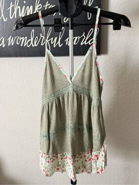 POL Olive Green Floral-Hem Spaghetti Strap Tank Top NEW